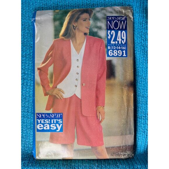 Butterick Sewing pattern 6891 Suit blazer blouse shorts 1980s size 12 14 16 - Picture 1 of 6